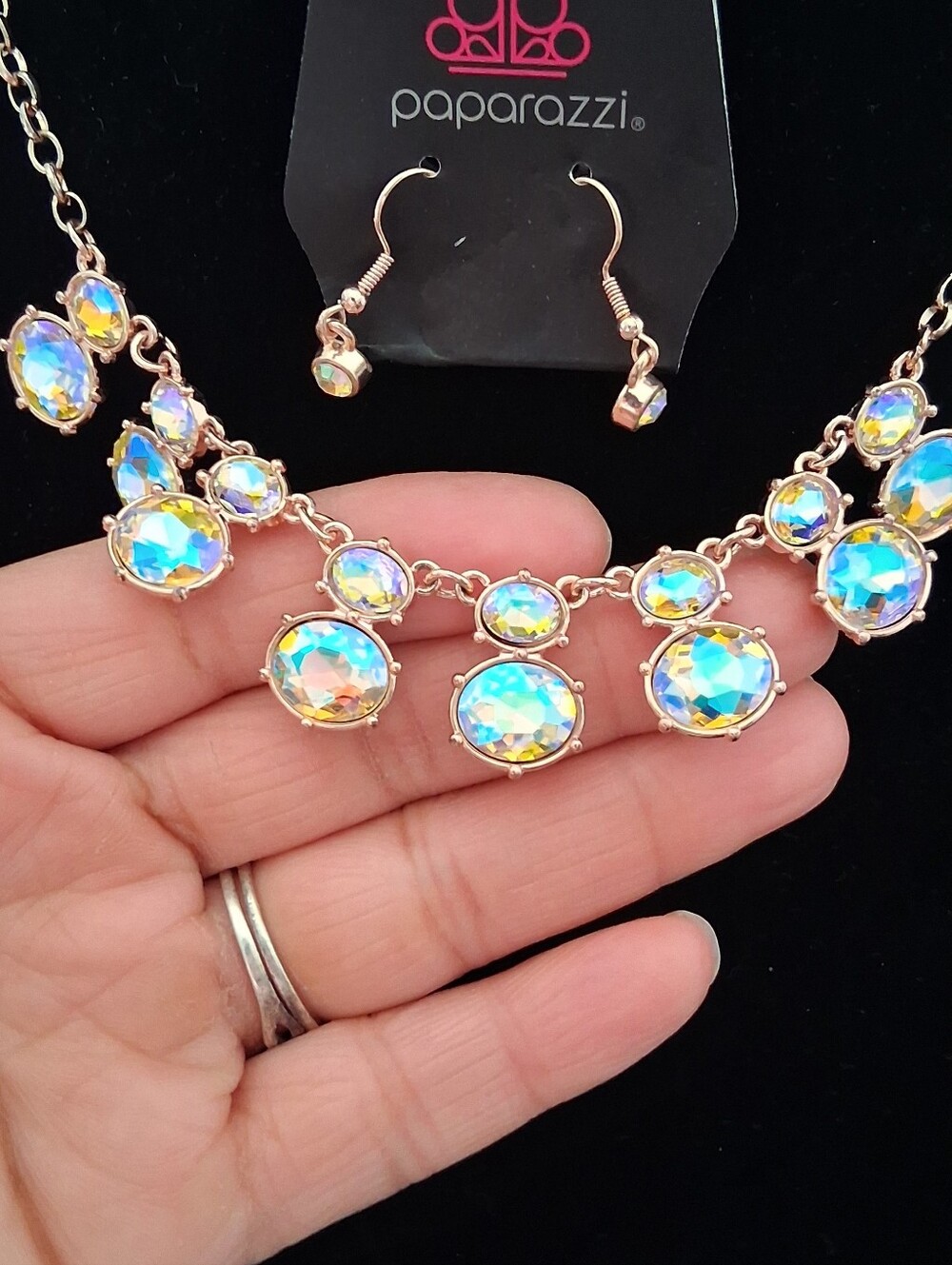 paparazzi Rose Gold Aurora AB Bib Necklace and Earrings